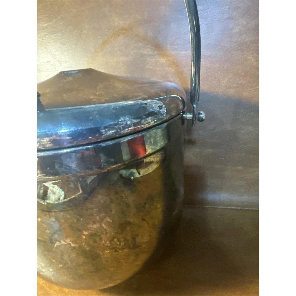 Vintage Silver Plated Mechanical Ice Bucket W Milk Glass, Swing Lid, Patina b